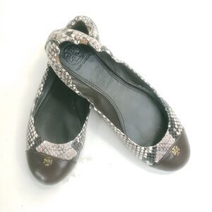 Tory Burch Women Sz 5.5M Snakeskin Embossed Leather Cap Toe Scrunch Ballet Flats